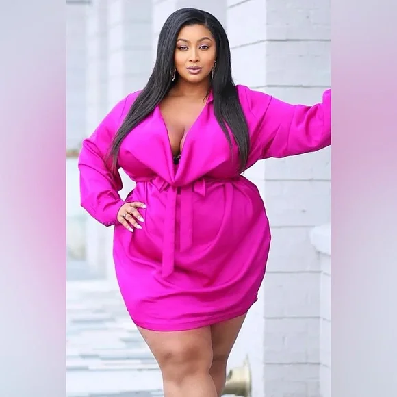 ✨ Women’s Plus Size Satin Wrap Cowl Neck Collared Mini Dress | - Picture 4 of 4